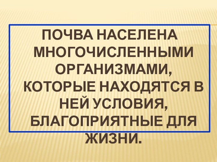 ПОЧВА НАСЕЛЕНА МНОГОЧИСЛЕННЫМИ ОРГАНИЗМАМИ, КОТОРЫЕ НАХОДЯТСЯ В НЕЙ УСЛОВИЯ, БЛАГОПРИЯТНЫЕ ДЛЯ ЖИЗНИ.