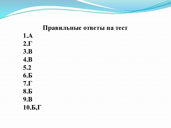 Правильные ответы на тест1.А2.Г3.В4.В5.26.Б7.Г8.Б9.В10.Б,Г