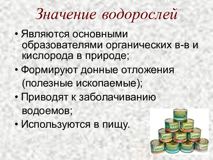 Значение водорослейЯвляются основными  образователями органических в-в и  кислорода в природе;Формируют