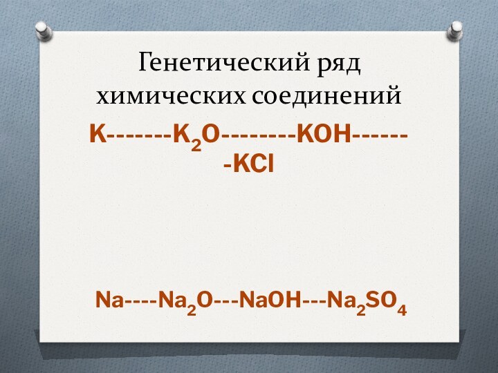 Генетический ряд химических соединенийK-------K2O--------KOH-------KClNa----Na2O---NaOH---Na2SO4