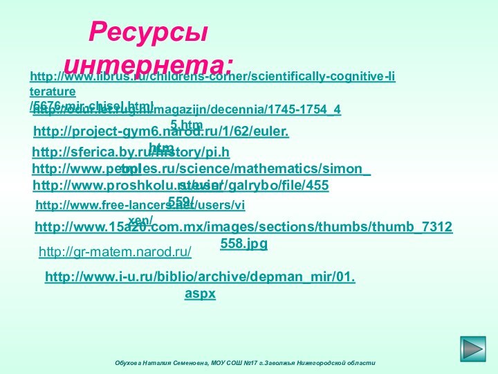 Обухова Наталия Семеновна, МОУ СОШ №17 г.Заволжья Нижегородской областиhttp://www.free-lancers.net/users/vixen/http://www.librus.ru/childrens-corner/scientifically-cognitive-literature/5676-mir-chisel.htmlhttp://odur.let.rug.nl/magazijn/decennia/1745-1754_45.htmhttp://project-gym6.narod.ru/1/62/euler.htmhttp://sferica.by.ru/history/pi.htmlhttp://www.peoples.ru/science/mathematics/simon_stevin/http://www.proshkolu.ru/user/galrybo/file/455559/Ресурсы интернета:http://www.15a20.com.mx/images/sections/thumbs/thumb_7312558.jpghttp://gr-matem.narod.ru/http://www.i-u.ru/biblio/archive/depman_mir/01.aspx