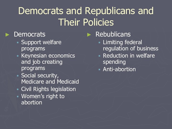 Democrats and Republicans and Their PoliciesDemocratsSupport welfare programsKeynesian economics and job creating