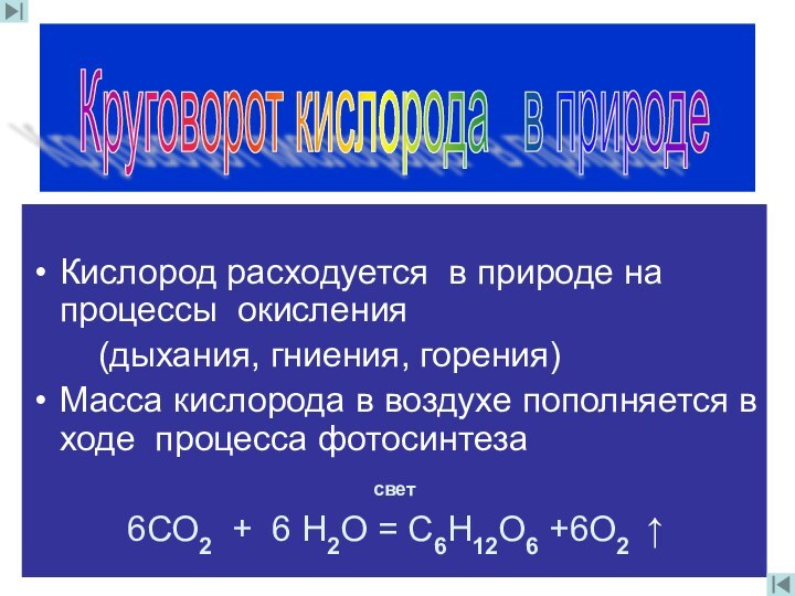 Кислород расходуется в природе на процессы окисления    (дыхания, гниения,