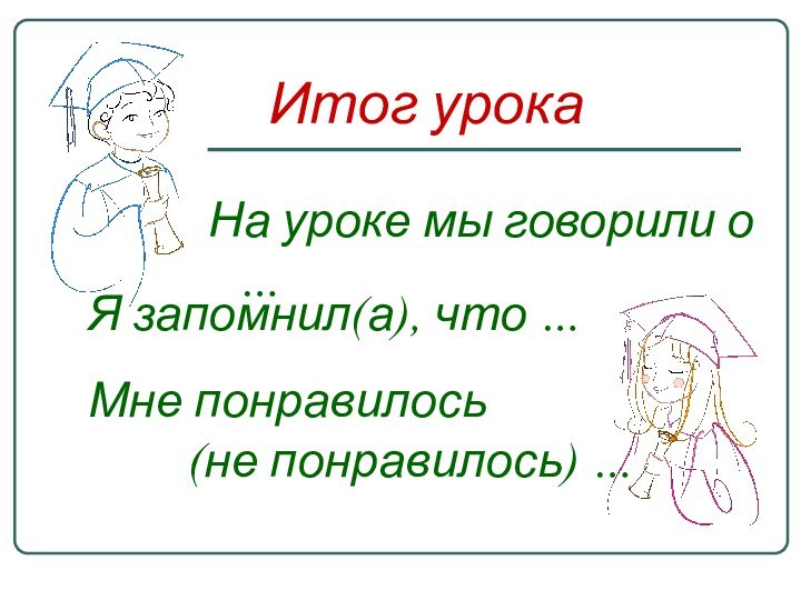 Итог урока Мне понравилось На уроке мы говорили о …Я запомнил(а), что …(не понравилось) …