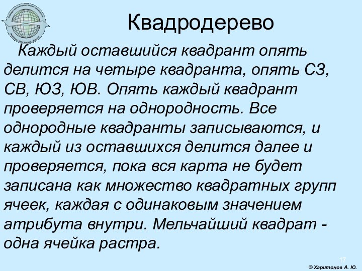 © Харитонов А. Ю.Квадродерево Каждый оставшийся квадрант опять делится на четыре квадранта,