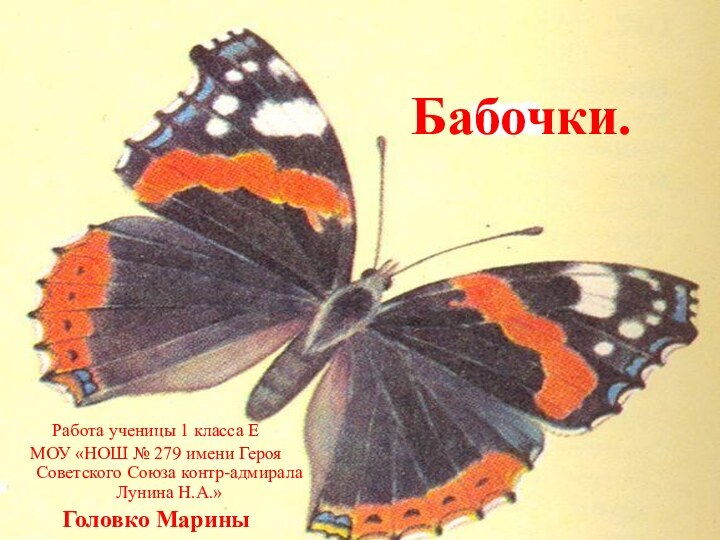 Бабочки.Работа ученицы 1 класса ЕМОУ «НОШ № 279 имени Героя Советского Союза контр-адмирала Лунина Н.А.»Головко Марины