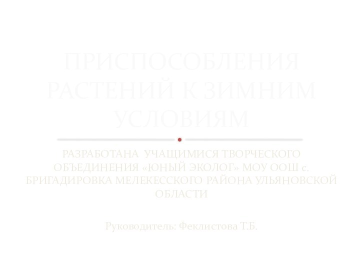 РАЗРАБОТАНА УЧАЩИМИСЯ ТВОРЧЕСКОГО ОБЪЕДИНЕНИЯ «ЮНЫЙ ЭКОЛОГ» МОУ ООШ с.БРИГАДИРОВКА МЕЛЕКЕССКОГО РАЙОНА УЛЬЯНОВСКОЙ