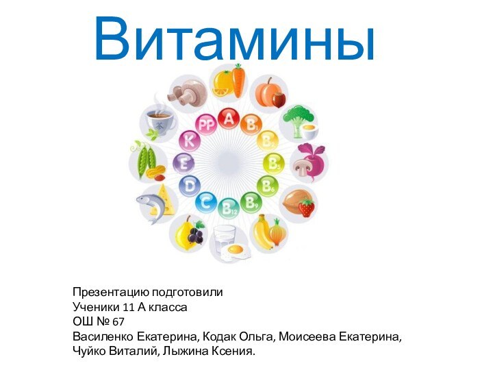 Витамины Презентацию подготовилиУченики 11 А класса ОШ № 67Василенко Екатерина, Кодак Ольга,