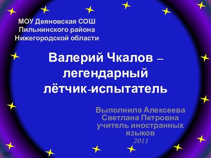 Валерий Чкалов –  легендарный  лётчик-испытатель Выполнила Алексеева Светлана Петровнаучитель иностранных