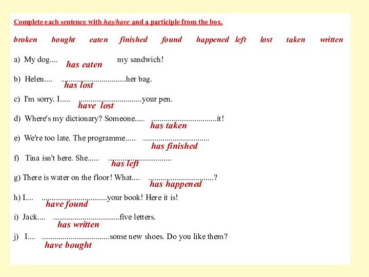 Complete each sentence with has/have and a participle from the box.broken