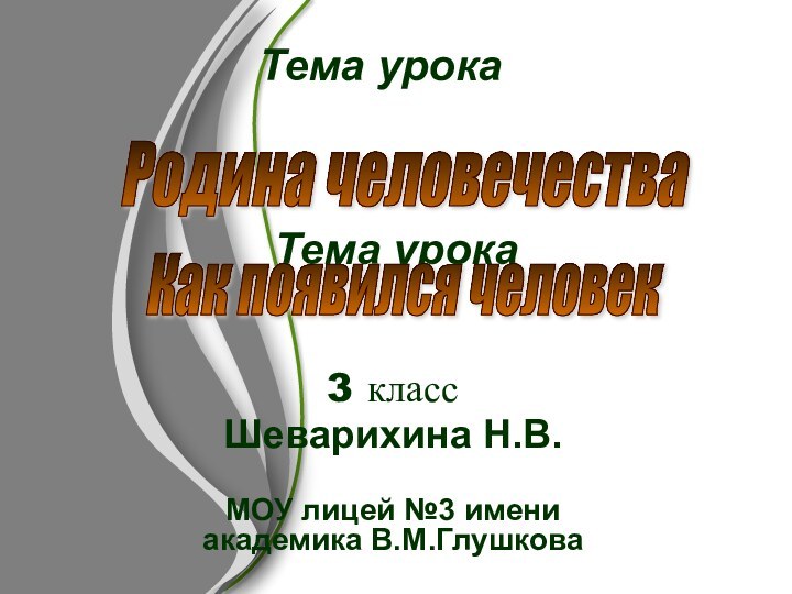 Тема урока3 классШеварихина Н.В.МОУ лицей №3 имени академика В.М.ГлушковаРодина человечестваКак появился человекТема урока