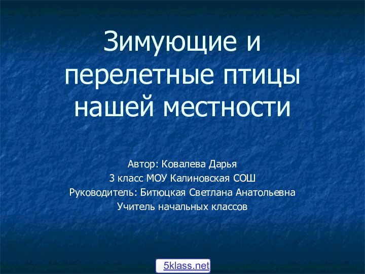 Зимующие и перелетные птицы нашей местности  Автор: Ковалева Дарья3 класс МОУ