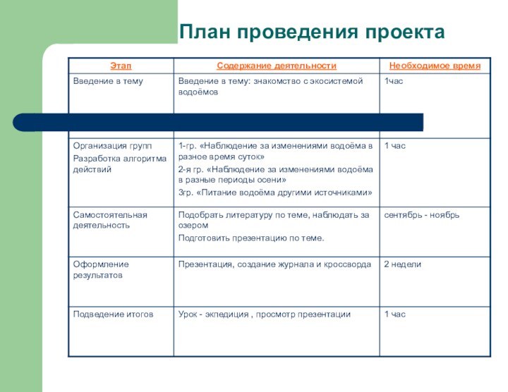 План проведения проекта