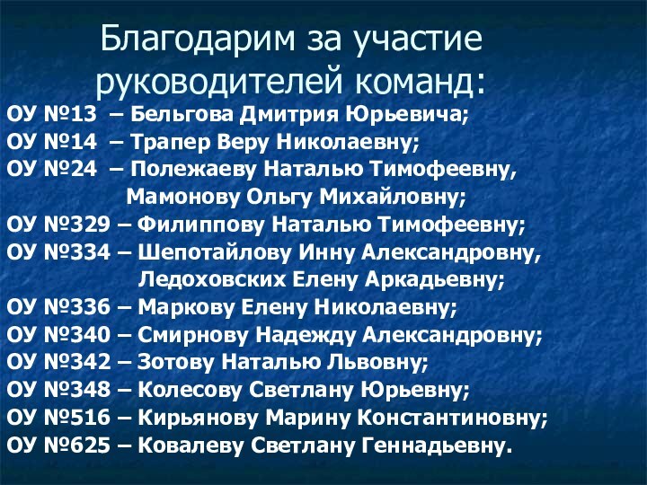 Благодарим за участие руководителей команд:ОУ №13 – Бельгова Дмитрия Юрьевича;ОУ №14 –