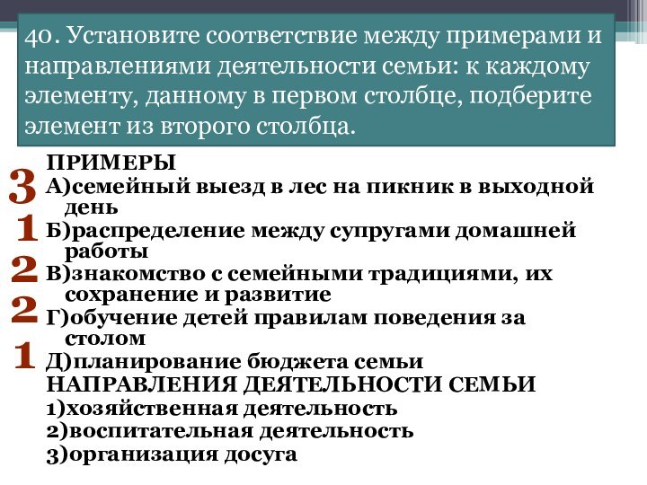 40. Установите соответствие между примерами и направлениями деятельности семьи: к каждому элементу,