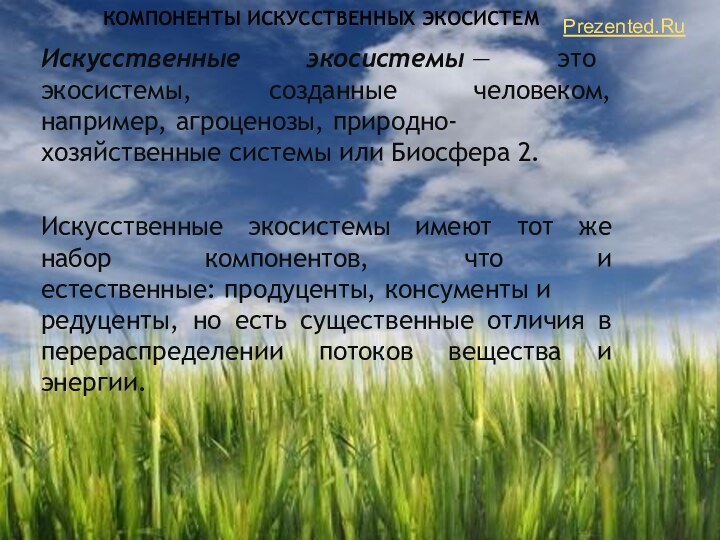 Искусственные экосистемы — это экосистемы, созданные человеком, например, агроценозы, природно-хозяйственные системы или Биосфера 2.Искусственные экосистемы имеют тот