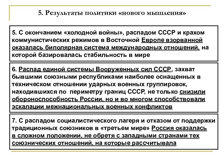 5. Результаты политики «нового мышления»5. С окончанием «холодной войны», распадом СССР и