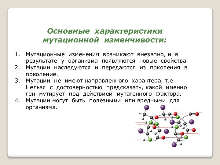 Основные характеристики мутационной изменчивости:Мутационные изменения возникают внезапно, и в результате у организма