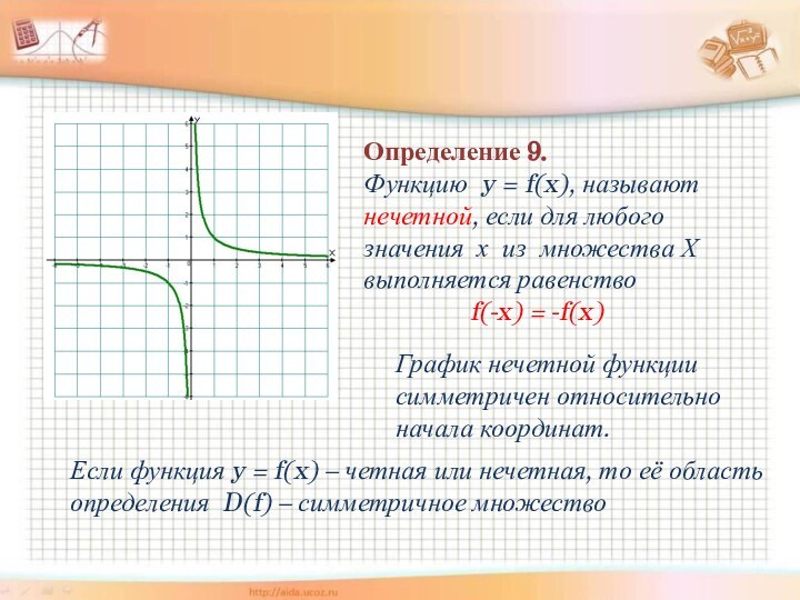 Определение 9.  Функцию y = f(x), называют нечетной, если для любого