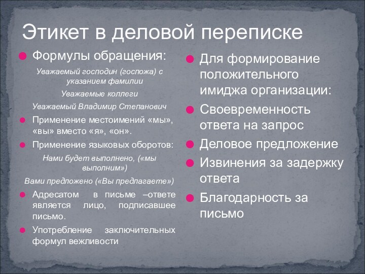 Этикет в деловой перепискеФормулы обращения:Уважаемый господин (госпожа) с указанием фамилииУважаемые коллегиУважаемый Владимир