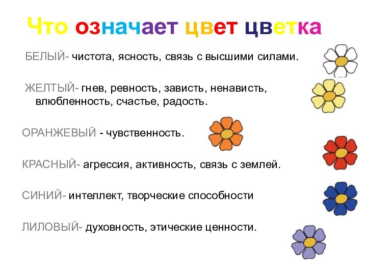  БЕЛЫЙ- чистота, ясность, связь с высшими силами. ЖЕЛТЫЙ- гнев, ревность, зависть, ненависть, влюбленность, счастье, радость. ОРАНЖЕВЫЙ -