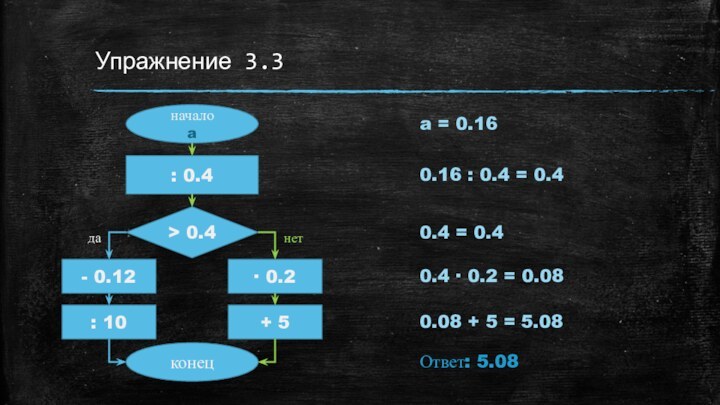 Упражнение 3.3начало a : 0.4> 0.4- 0.12∙ 0.2конецнетда: 10+ 5a = 0.16