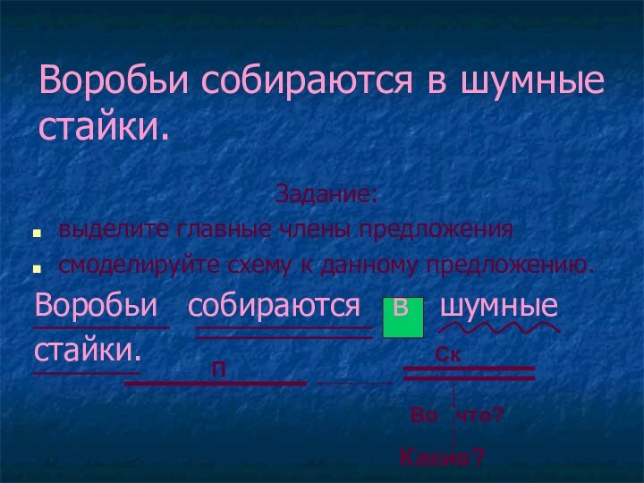 Воробьи собираются в шумные стайки.Задание: выделите главные члены предложениясмоделируйте схему к данному