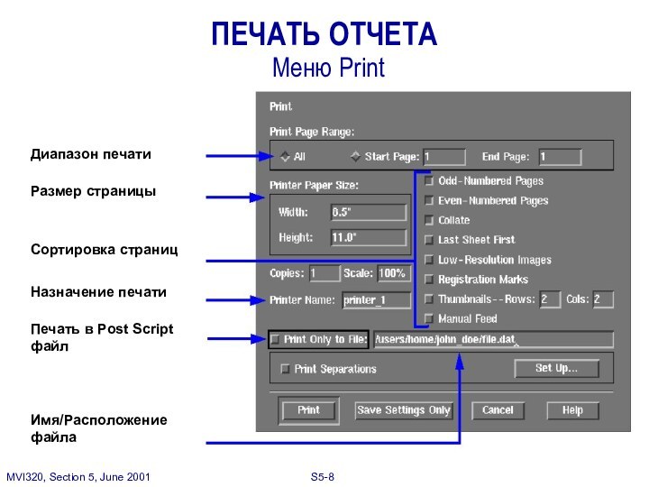 ПЕЧАТЬ ОТЧЕТА  Меню PrintДиапазон печатиРазмер страницыСортировка страницНазначение печатиПечать в Post Script файлИмя/Расположение файла