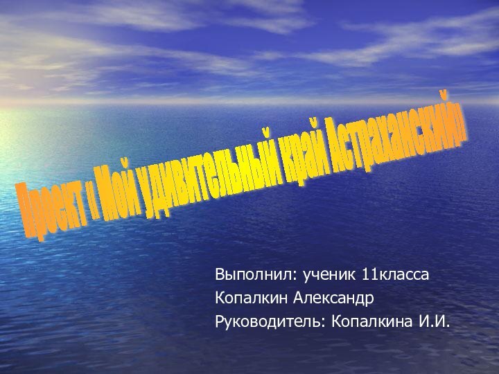 Выполнил: ученик 11классаКопалкин АлександрРуководитель: Копалкина И.И.Проект « Мой удивительный край Астраханский»