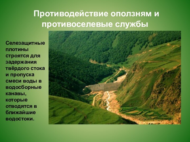 Противодействие оползням и противоселевые службыСелезащитные плотины строятся для задержания твёрдого стока