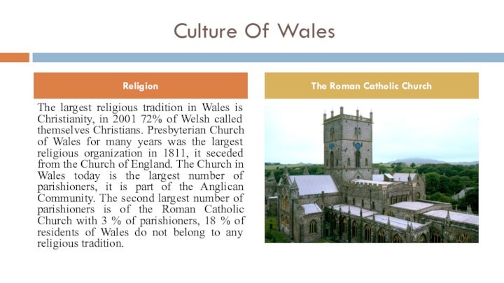 Culture Of WalesThe largest religious tradition in Wales is Christianity, in 2001