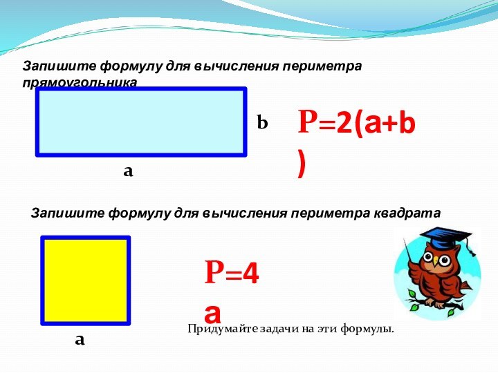 Запишите формулу для вычисления периметра прямоугольникааbР=2(а+b)Запишите формулу для вычисления периметра квадратааР=4аПридумайте задачи на эти формулы.