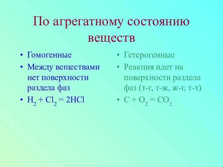 По агрегатному состоянию веществГомогенныеМежду веществами нет поверхности раздела фазH2 + Cl2 =