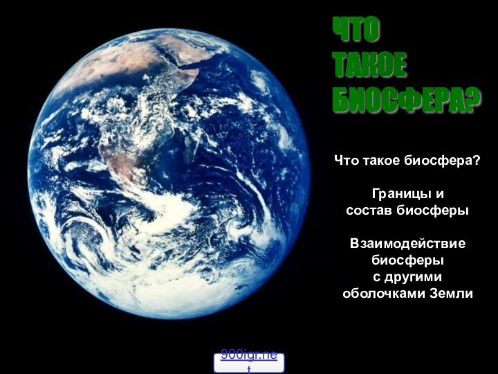 ЧТО  ТАКОЕ  БИОСФЕРА?Что такое биосфера?Границы и состав биосферыВзаимодействие биосферы с другими оболочками Земли