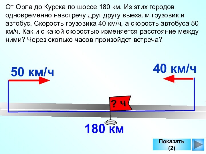 От Орла до Курска по шоссе 180 км. Из этих городов одновременно