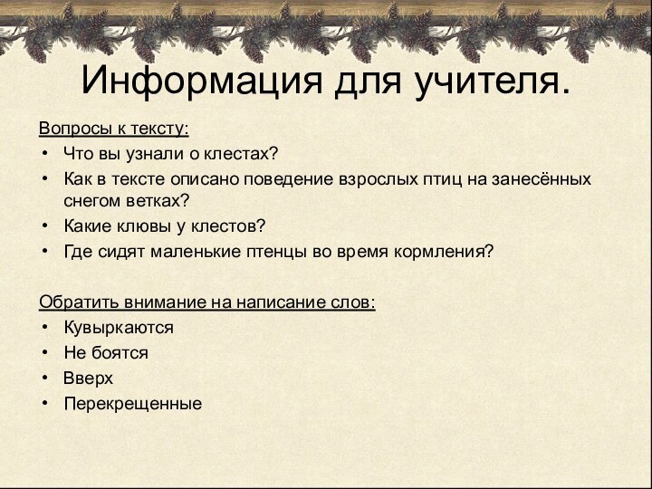 Информация для учителя. Вопросы к тексту:Что вы узнали о клестах?Как в