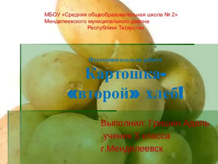 Исследовательская работа Картошка-  «второй» хлеб!Выполнил: Гришин Адель ученик 3 классаг.МенделеевскМБОУ «Средняя