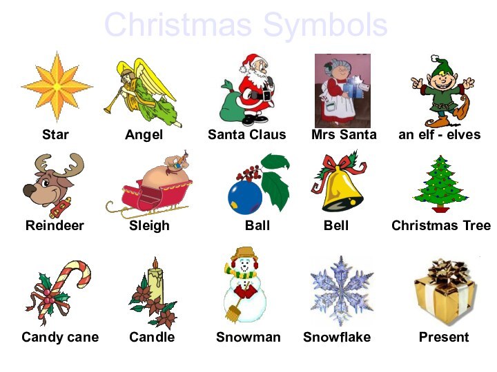 Staran elf - elvesMrs SantaSanta ClausAngelChristmas TreeBellBallSleighReindeerPresentSnowflakeSnowmanCandleCandy caneChristmas Symbols