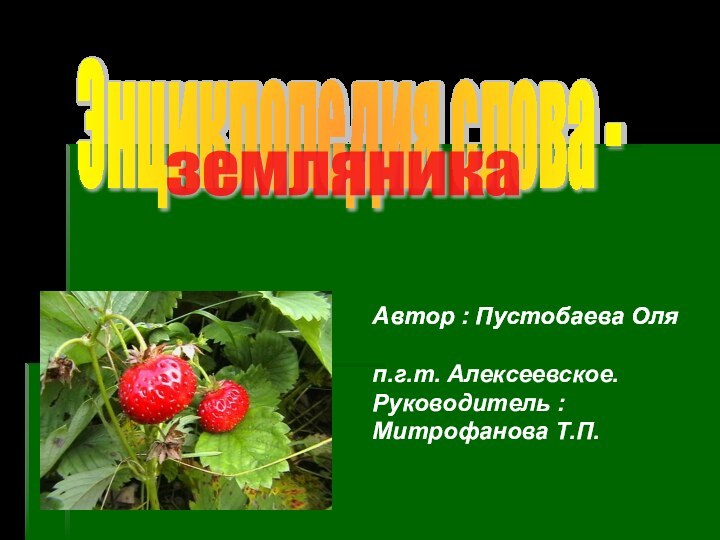 Энциклопедия слова -   земляникаАвтор : Пустобаева Оля п.г.т. Алексеевское.Руководитель : Митрофанова Т.П.