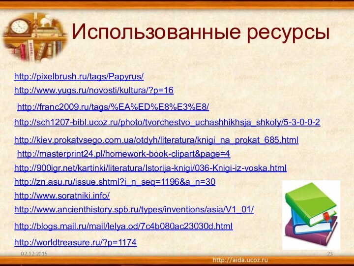 http://franc2009.ru/tags/%EA%ED%E8%E3%E8/http://www.yugs.ru/novosti/kultura/?p=16Использованные ресурсыhttp://sch1207-bibl.ucoz.ru/photo/tvorchestvo_uchashhikhsja_shkoly/5-3-0-0-2http://kiev.prokatvsego.com.ua/otdyh/literatura/knigi_na_prokat_685.htmlhttp://masterprint24.pl/homework-book-clipart&page=4http:///kartinki/literatura/Istorija-knigi/036-Knigi-iz-voska.htmlhttp://zn.asu.ru/issue.shtml?i_n_seq=1196&a_n=30http://pixelbrush.ru/tags/Papyrus/http://www.soratniki.info/http://www.ancienthistory.spb.ru/types/inventions/asia/V1_01/http://blogs.mail.ru/mail/lelya.od/7c4b080ac23030d.htmlhttp://worldtreasure.ru/?p=1174