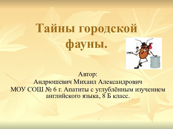 Тайны городской фауны.Автор: Андрюшевич Михаил Александрович МОУ СОШ № 6 г. Апатиты