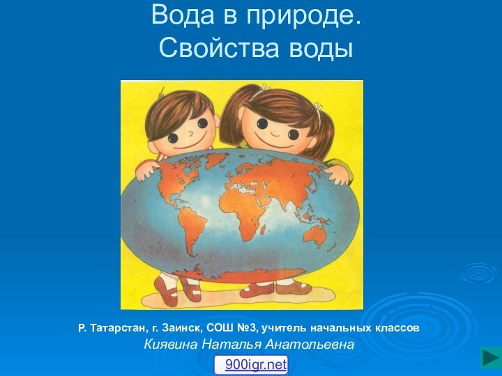 Р. Татарстан, г. Заинск, СОШ №3, учитель начальных классовКиявина Наталья АнатольевнаВода в природе. Свойства воды