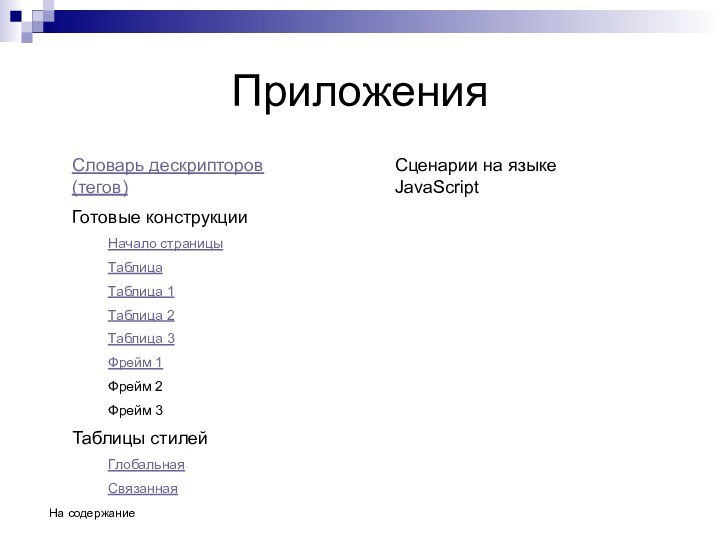 Приложения Словарь дескрипторов (тегов)Готовые конструкцииНачало страницыТаблицаТаблица 1Таблица 2Таблица 3Фрейм 1Фрейм 2Фрейм 3Таблицы