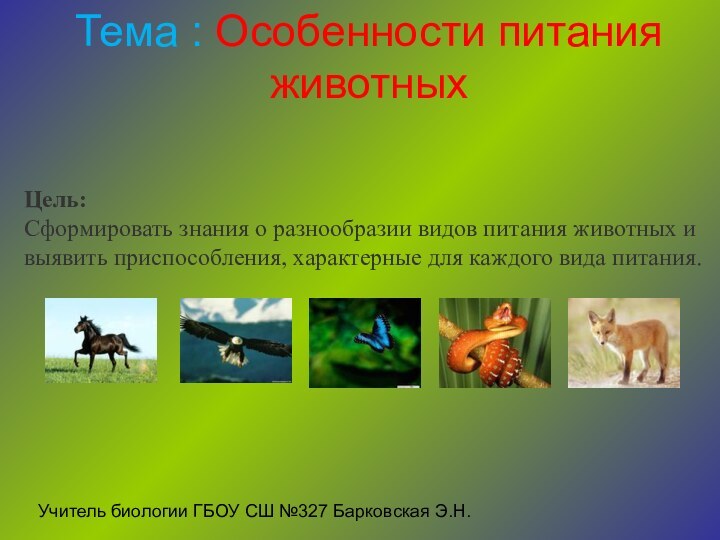 Тема : Особенности питания животныхЦель: Сформировать знания о разнообразии видов питания животных и