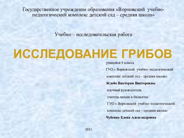 ИССЛЕДОВАНИЕ ГРИБОВ  Государственное учреждение образования «Ворновский учебно- педагогический комплекс детский сад