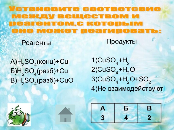 РеагентыА)H2SO4(конц)+CuБ)H2SO4(разб)+CuВ)H2SO4(разб)+CuO    Продукты1)CuSO4+H22)CuSO4+H2O3)CuSO4+H2O+SO24)Не взаимодействуютУстановите соответсвие