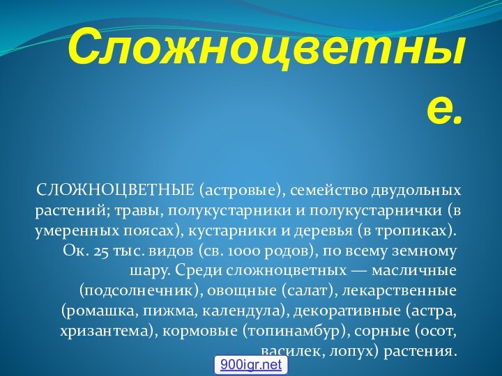 Сложноцветные.СЛОЖНОЦВЕТНЫЕ (астровые), семейство двудольных растений; травы, полукустарники и полукустарнички (в умеренных поясах),