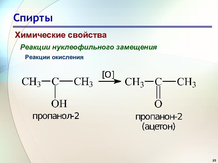СпиртыХимические свойстваРеакции нуклеофильного замещения Реакции окисления