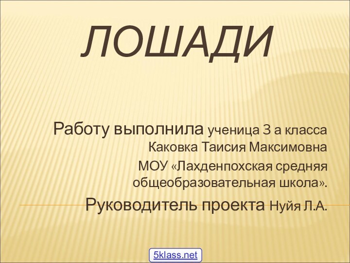 ЛОШАДИРаботу выполнила ученица 3 а класса Каковка Таисия МаксимовнаМОУ «Лахденпохская средняя общеобразовательная