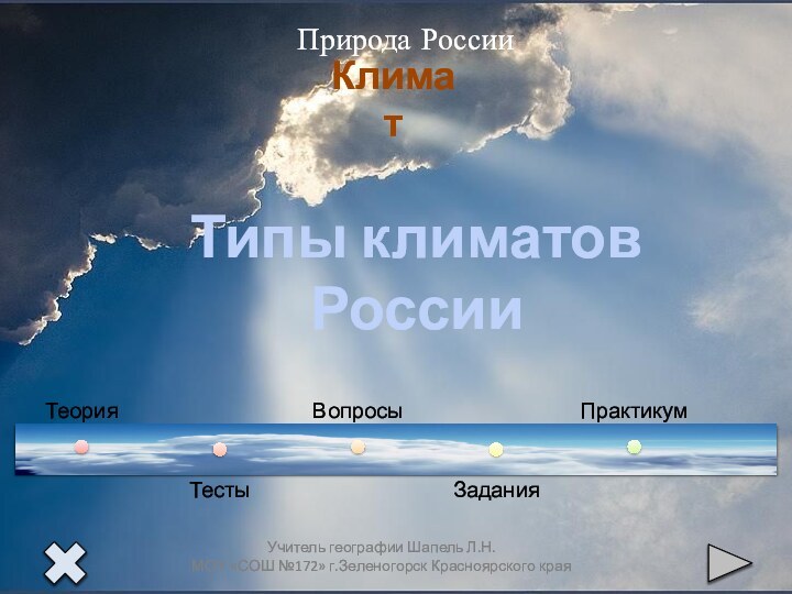 Природа РоссииТипы климатов РоссииУчитель географии Шапель Л.Н. МОУ «СОШ №172» г.Зеленогорск Красноярского краяКлимат